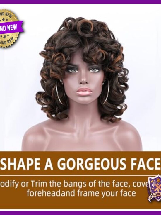 Heat Resistant Curly Wig with Bangs, Lightweight for Daily Wear